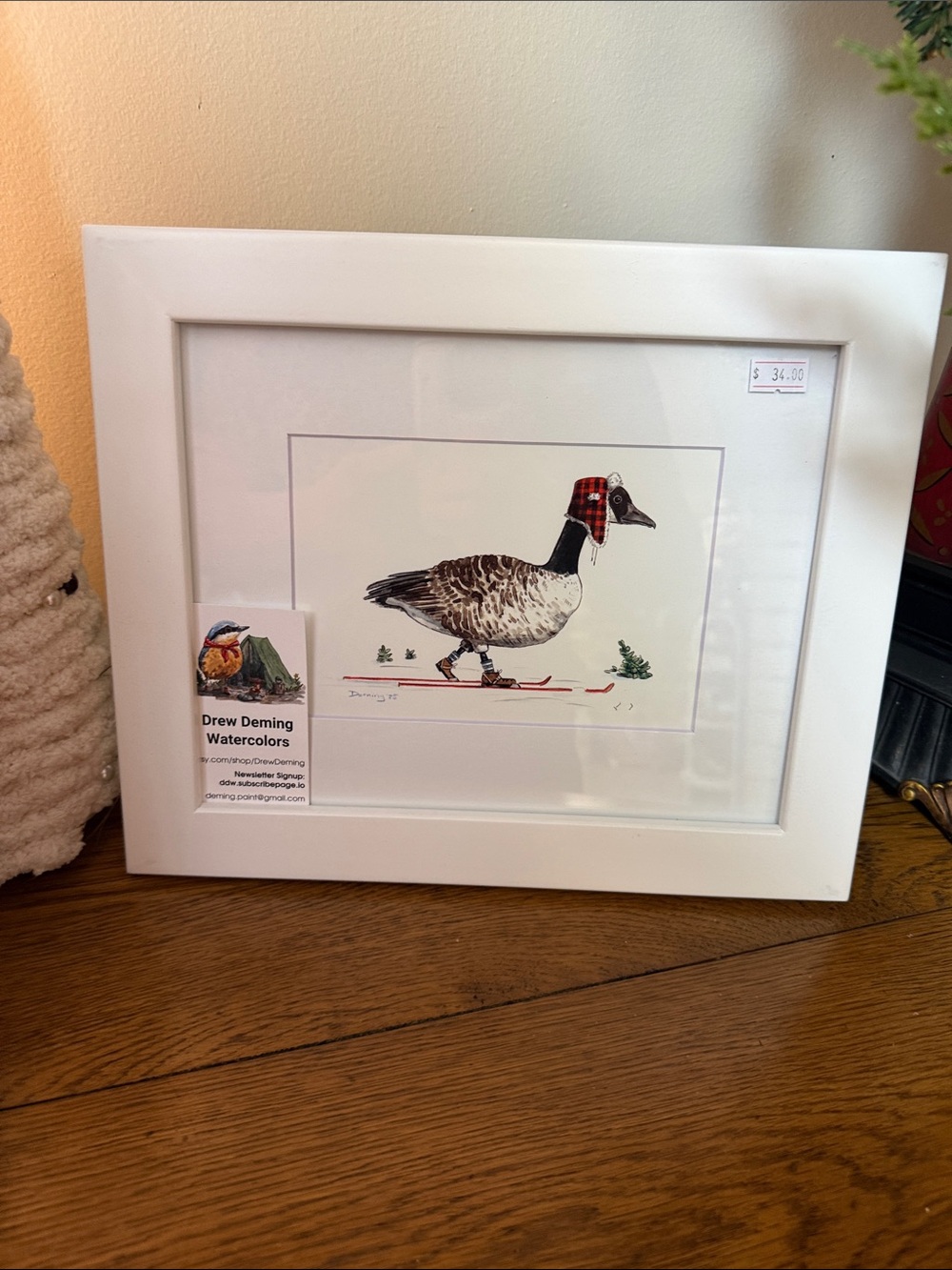 Framed Christmas Goose Print in White Drew Deming watercolor